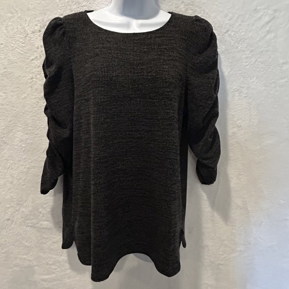 Max Studio Women's Texture Rib Rouched Sleeve Top Charcoal Black Size Small New